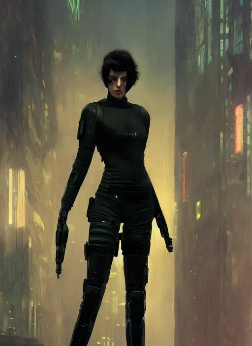 Prompt: Selina Kyle. Cyberpunk assassin in tactical gear. blade runner 2049 concept painting. Epic painting by Craig Mullins and Alphonso Mucha. ArtstationHQ. painting with Vivid color. (rb6s, Cyberpunk 2077, matrix)