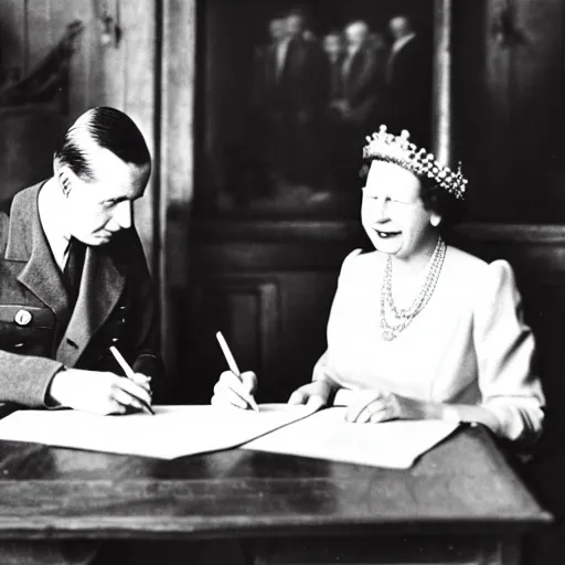 Prompt: 5 0 mm 1 9 4 6 historical photo, of a single general and a young queen elizabeth signing a peace treaty, french village interior, highly detailed, sharp focus, symmetrical face