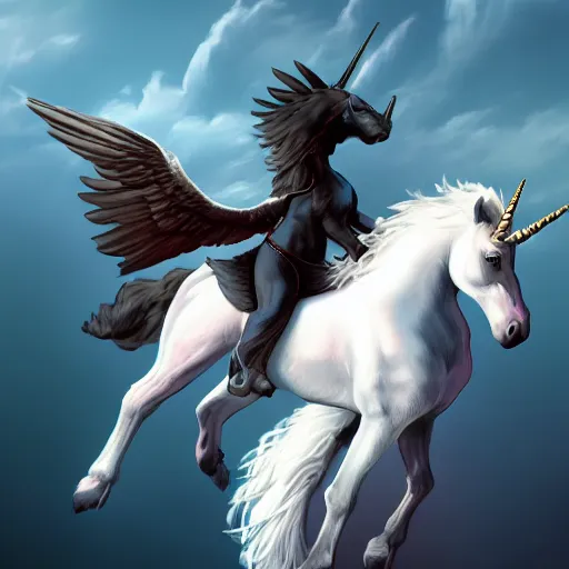 Image similar to digital illustion of a beautiful unicorn riding on the back of a flying bald eagle, deviantArt, artstation, artstation hq, hd, 4k resolution