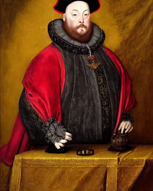 Image similar to fat dark gray cat with yellow eyes dressed like henry viii, tudor period robes in scarlet gold black, tudor bonnet, luxurious, opulent, regal, royal portrait, hans holbein the younger, greg rutkowski