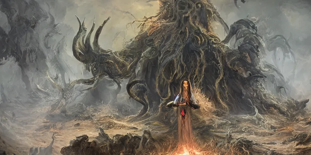 Image similar to portrait of necromancer priest in an invoking ritual in front of a giant cthulhu in a large landscape, intricate, elegant, glowing lights, highly detailed, digital painting, concept art, smooth, sharp focus, illustration, wide - angle portrait, atmospheric lighting, rich deep colors masterpiece, fractal crystals