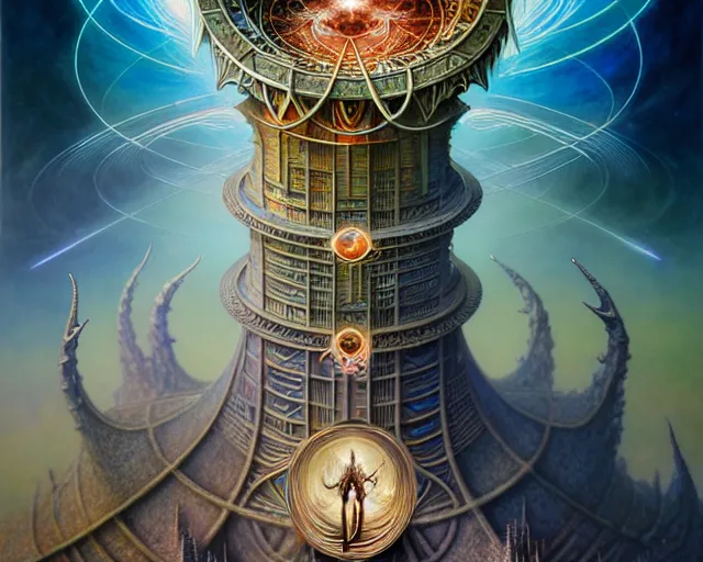 Prompt: the tower tarot card, fantasy character portrait made of fractals facing each other, ultra realistic, wide angle, intricate details, the fifth element artifacts, highly detailed by peter mohrbacher, hajime sorayama, wayne barlowe, boris vallejo, aaron horkey, gaston bussiere, craig mullins