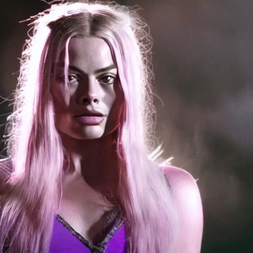 Image similar to an award winning cinematic still of beautiful Margot Robbie Wolverine with long purple hair in , 16k hyper realistic photograph, centered, dramatic lighting