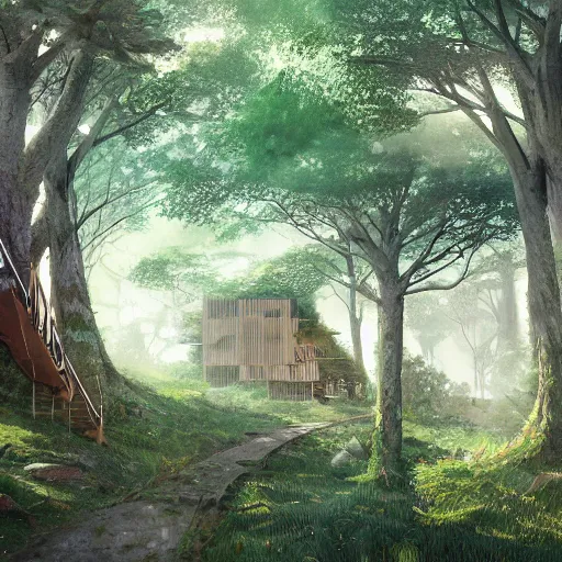 Image similar to concept art painting of treehouses made out of trees, walkways between trees, trees with doors and windows in a deep forest, realistic, detailed, cel shaded, in the style of makoto shinkai and greg rutkowski and james gurney