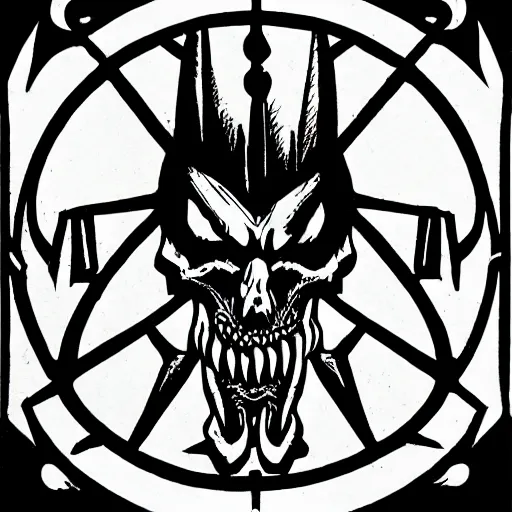 Image similar to Arcane symbol for the chaotic evil earth god of devouring hunger. Death. An open monstrous mouth. Black and white. Medieval woodcut style.