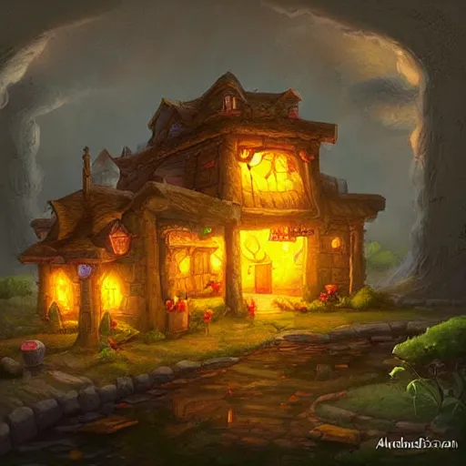 Image similar to a highly detailed fantasy digital art of a house made of cheese by andreas rocha