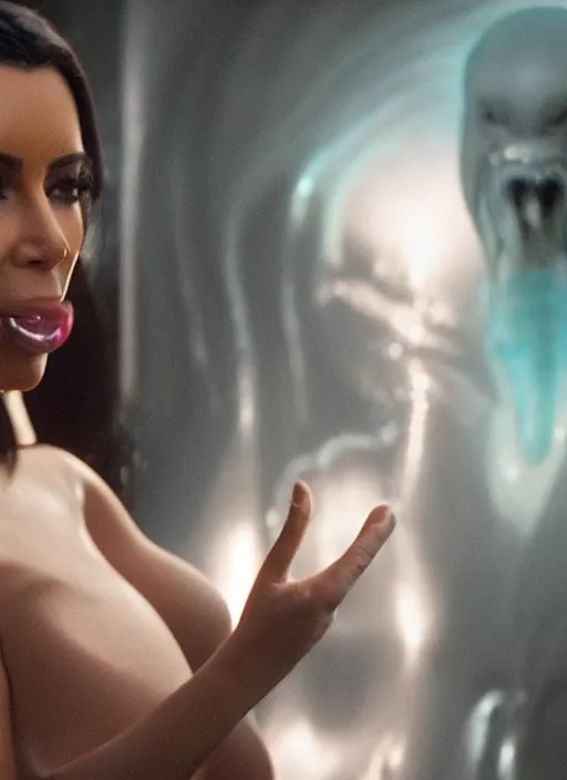 Image similar to film still of kim kardashian ingesting alien slime from the mouth of an xenomorph, transparent goo, transparent liquid, saliva, 8 k