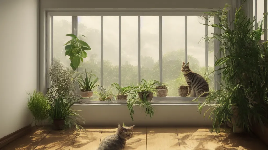 Prompt: beautiful peaceful dreamy painting of a content tabby cat sitting by a window and looking outside, sunshine coming through the window, small plants on the window sill, 8k, hyper realism, trending on artstation, octane render