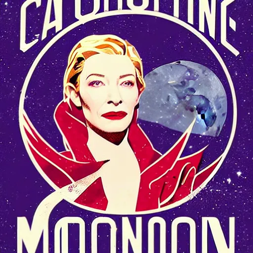 Image similar to propaganda poster for colonizing the moon with cate blanchett, by bonesetell