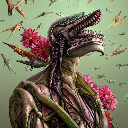 Image similar to head and shoulder portrait of xenomorph alien, surrounded by hummingbirds and fine floral ornaments, eye - level medium - angle shot, floral background, by esao andrews, by m. w. kaluta, by yoshita amano, by giger, moody evening lighting, smooth, 3 d octane render, depth perception, 4 k, artstation