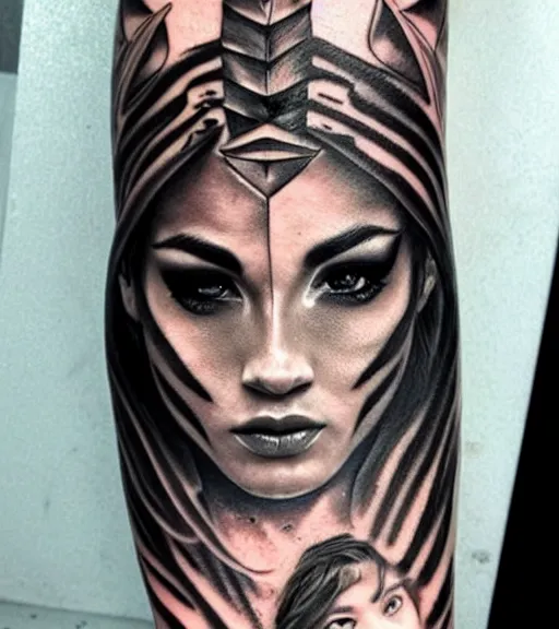 Image similar to tattoo design of a beautiful girl warrior under a tiger head, hyper realistic, realism tattoo, by eliot kohek, beautiful eyes, realistic face, black and white, white background