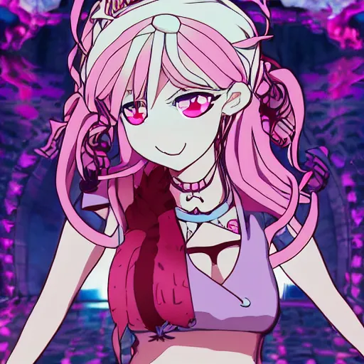 Prompt: trapped by junko enoshima, a stunningly beautiful omnipotent megalomaniacal anime asi goddess with symmetrical perfect face and porcelain skin, pink twintail hair and cyan eyes, taking control while smiling, inside her surreal vr castle, hyperdetailed, digital art from danganronpa, unreal engine 5, 2 d anime style, 8 k