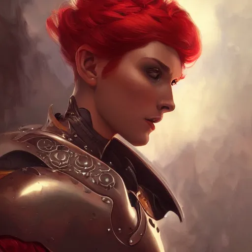 Prompt: Woman in armor with red hair, elegant, digital painting, highly detailed, fantasy, artstation, concept art, smooth, sharp focus, illustration, art by artgerm and greg rutkowski and alphonse mucha