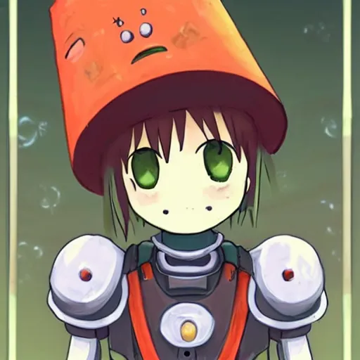 Image similar to cute robot with big tomato hat and a carrot sword, made in abyss style