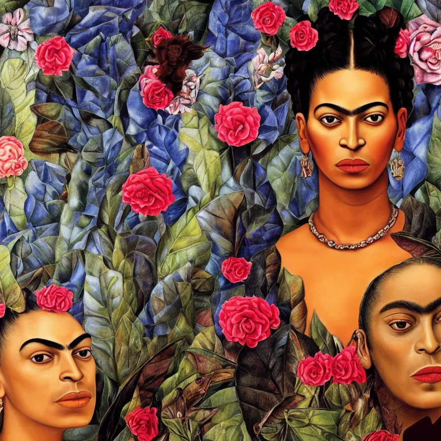 Prompt: surreal portrait of Beyoncé by Frida Kahlo, Rosa Rolanda, María Izquierdo, detailed, high quality, high resolution, surreal artistic wallpaper, HD 4K