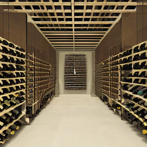 Image similar to symmetry, parallel perspective with center end point, parallax mapping of brutalist shop, lots of wine bottles, octane render, high quality