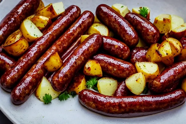 Prompt: bbq sausages potato salad dinner shallow fried food photography delicious