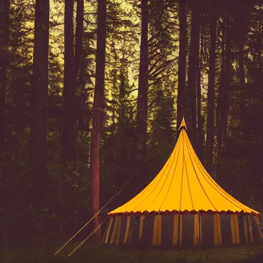 Image similar to a circus tent in the middle of a dark mysterious forest