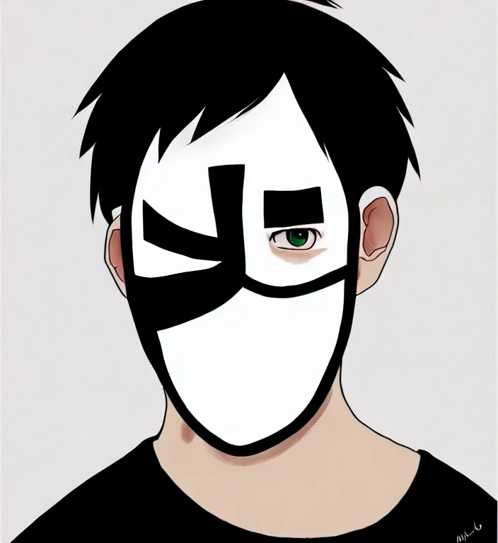 Image similar to white man with black fabric mask, short dark hair, true anatomy!, digital painting, style of hayao miyazaki