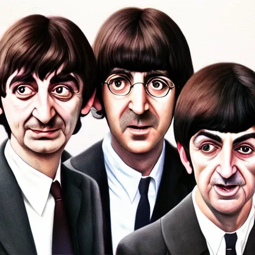 Image similar to the beatles except they're all mr. bean hyperrealism photo - realistic by james gurney artstation 8 k