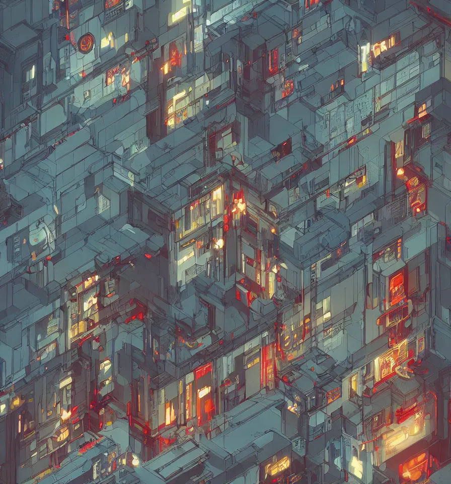Prompt: a beautiful 2D cyberpunk architecture, rooms, interior, garden, dark bluish gray, shades of dark crimson red, warm yellow, glowing objects, intricate, layers, depth, by James jean, trending on ArtStation