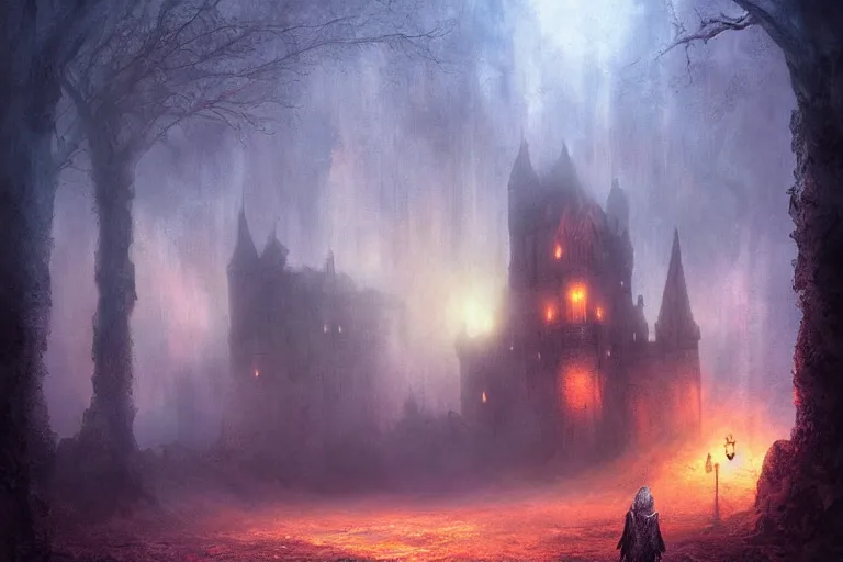 Image similar to Abandoned Castle of the Fire Goddess, atmospheric, digital art, fantasy, magic, arcane, volumetric lighting, illustration by Seb McKinnon, realistic