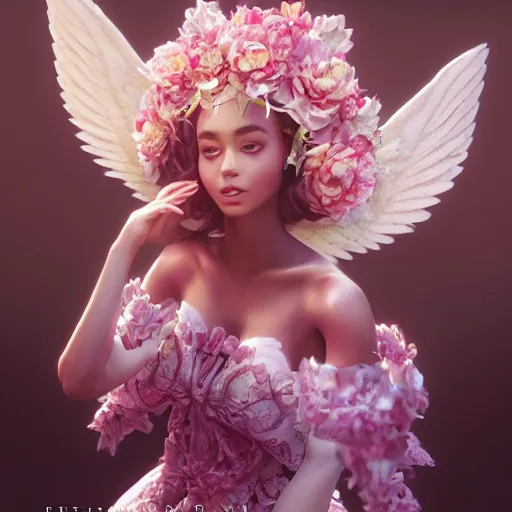 Prompt: expressive full body photo of sophia lauren as beautiful angel, smooth glowing skin, ornate headpiece made from pink flowers, glamour shot, by yoshitaka amano, by greg rutkowski, by jeremyg lipkinng, by artgerm, octane render, unreal engine, photorealistic, canon r 3, fashion photography