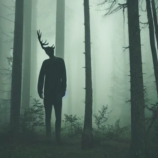 Image similar to an old photo of an incredibly tall thin pale bipedal creature with antlers deep in a dark foggy forest