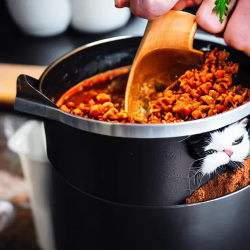 Prompt: photo of black and white exotic shorthair cat cooking a pot of chili in a modern kitchen