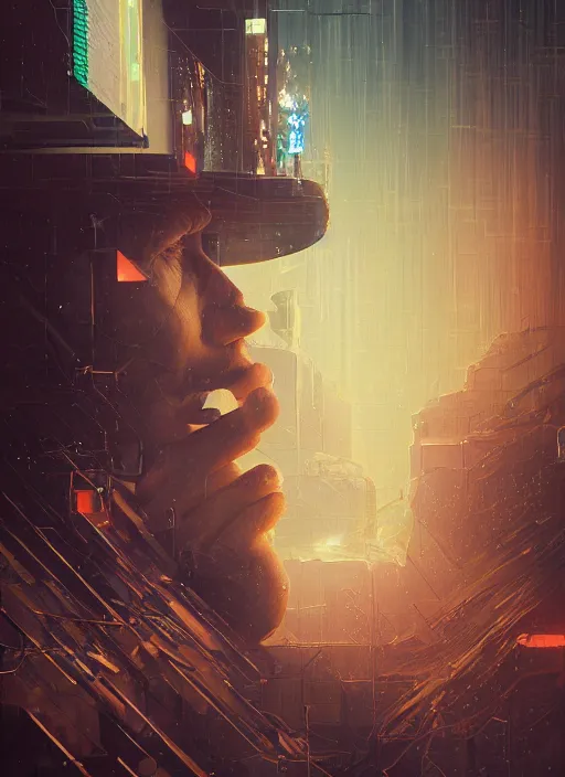 Image similar to a painting of a man grasping his head as it disintegrates into fragments, cyberpunk art by mike winkelmann, cgsociety, dystopian art, sci - fi