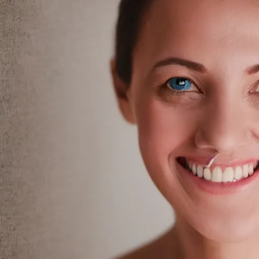 Image similar to face of a shy smiling woman, coherent, balance, lovely eyes, studio photo, soft light