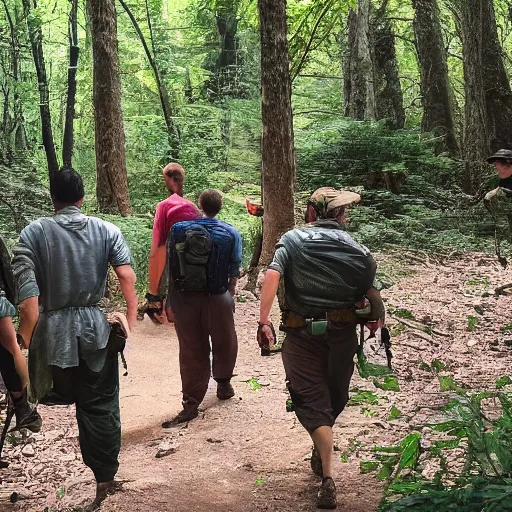 Image similar to A group of friends were hiking through the woods when they came across an ancient temple. They are surrounded by a group of armed men.