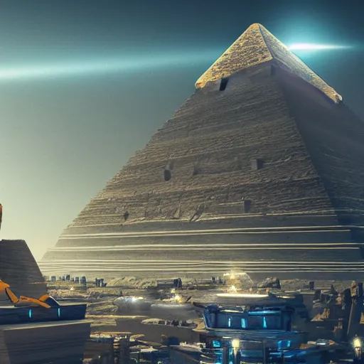 Image similar to a scene of the beautiful intricate epic futuristic pharaoh city with the cyber sphinx of giza, hovering cyber pyramid, hyper detailed, cinematic lighting