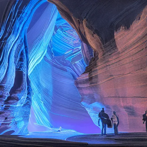 Image similar to sandstone slot canyon illuminated by electronic LED petrel parade, bioluminescent waterfall, night, by Darrell Riche, stephan martiniere, Mœbius and roger dean, unsplash contest winner, 1975, tall, intricate matte painting