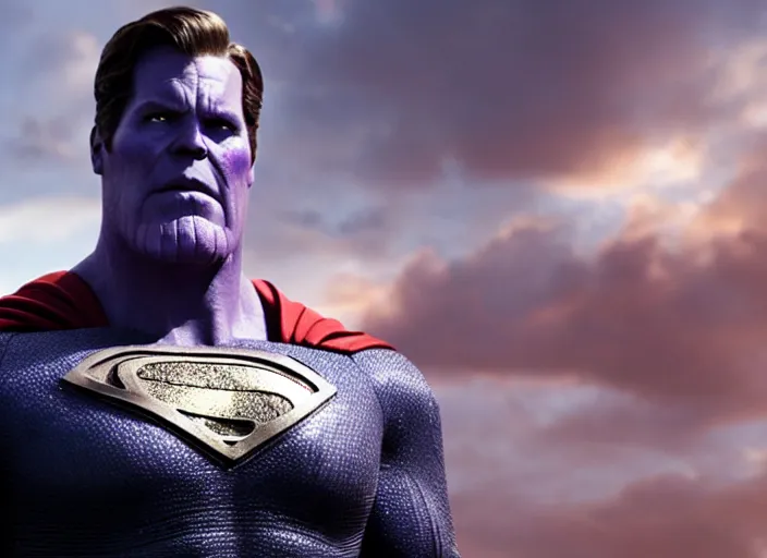 Image similar to film still of thanos as superman in the new superman movie, 4 k, highly detailed face, detailed eyes