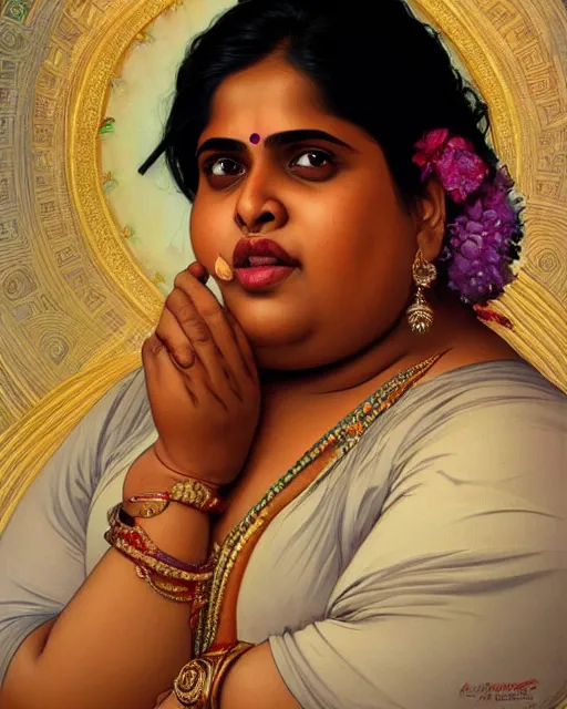 Image similar to Portrait of very very very very obese indian woman, real life skin, intricate, elegant, highly detailed, artstation, concept art, smooth, sharp focus, art by artgerm and greg rutkowski and alphonse mucha