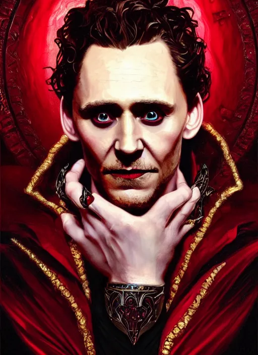 Image similar to portrait of tom hiddleston as a vampire lord, crimson peek, jewelry, greek, ruby, intricate, headshot, highly detailed, digital painting, artstation, concept art, sharp focus, cinematic lighting, illustration, art by artgerm and greg rutkowski, alphonse mucha, cgsociety