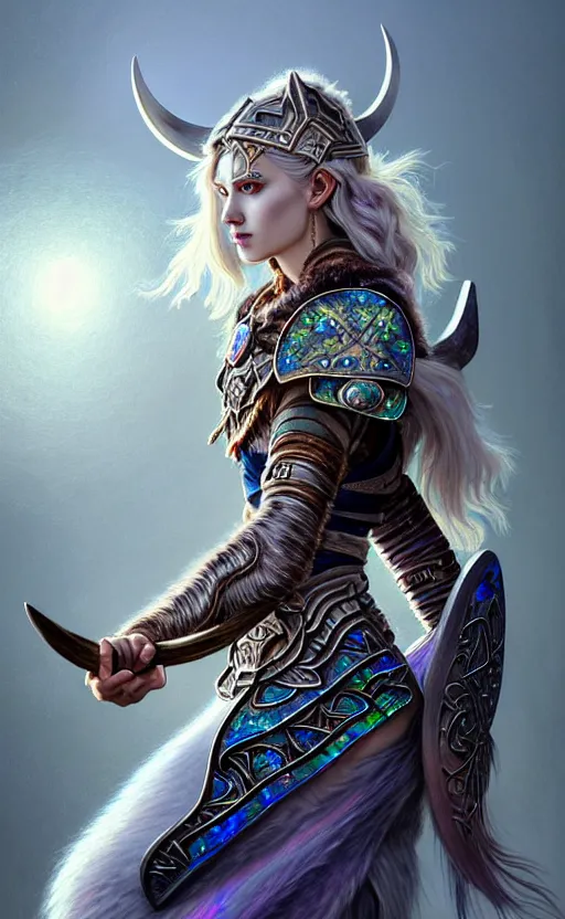 Image similar to iridescent opal viking warrior, wolf armor, winter, morandi color scheme, hd, illustration, epic, d & d, fantasy, intricate, elegant, highly detailed, wide angle, digital painting, artstation, concept art, smooth, sharp focus, illustration, wallpaper, art by artgerm and greg rutkowski and alphonse mucha and jin xiaodi