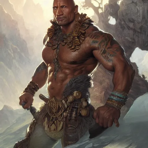 Prompt: Dwayne Johnson, D&D, fantasy, intricate, elegant, highly detailed, digital painting, artstation, concept art, smooth, sharp focus, illustration, art by artgerm and greg rutkowski and alphonse mucha