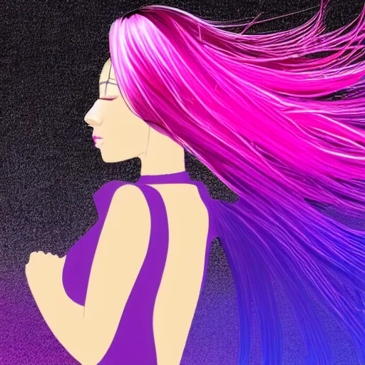 Image similar to a award winning half body portrait of a beautiful woman in a croptop with a ombre purple pink teal hairstyle with head in motion and hair flying, outrun, vaporware, vivid colors, highly detailed, fine detail, intricate