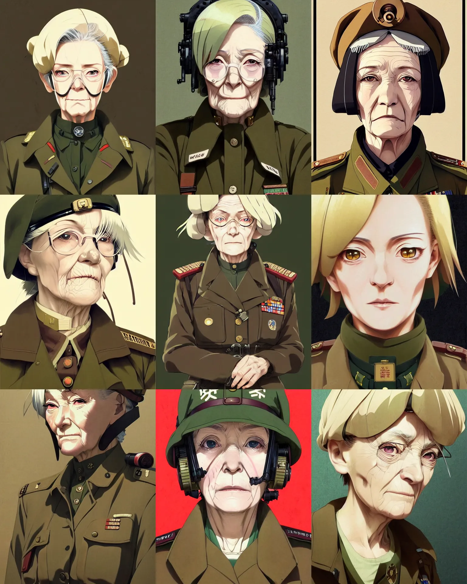 Prompt: An dieselpunk old woman in military fatigues || aged face, VERY VERY ANIME!!!, fine-face, age lines, blonde hair, realistic shaded perfect face, fine details. Anime. realistic shaded lighting poster by Ilya Kuvshinov katsuhiro otomo ghost-in-the-shell, magali villeneuve, artgerm, Jeremy Lipkin and Michael Garmash and Rob Rey