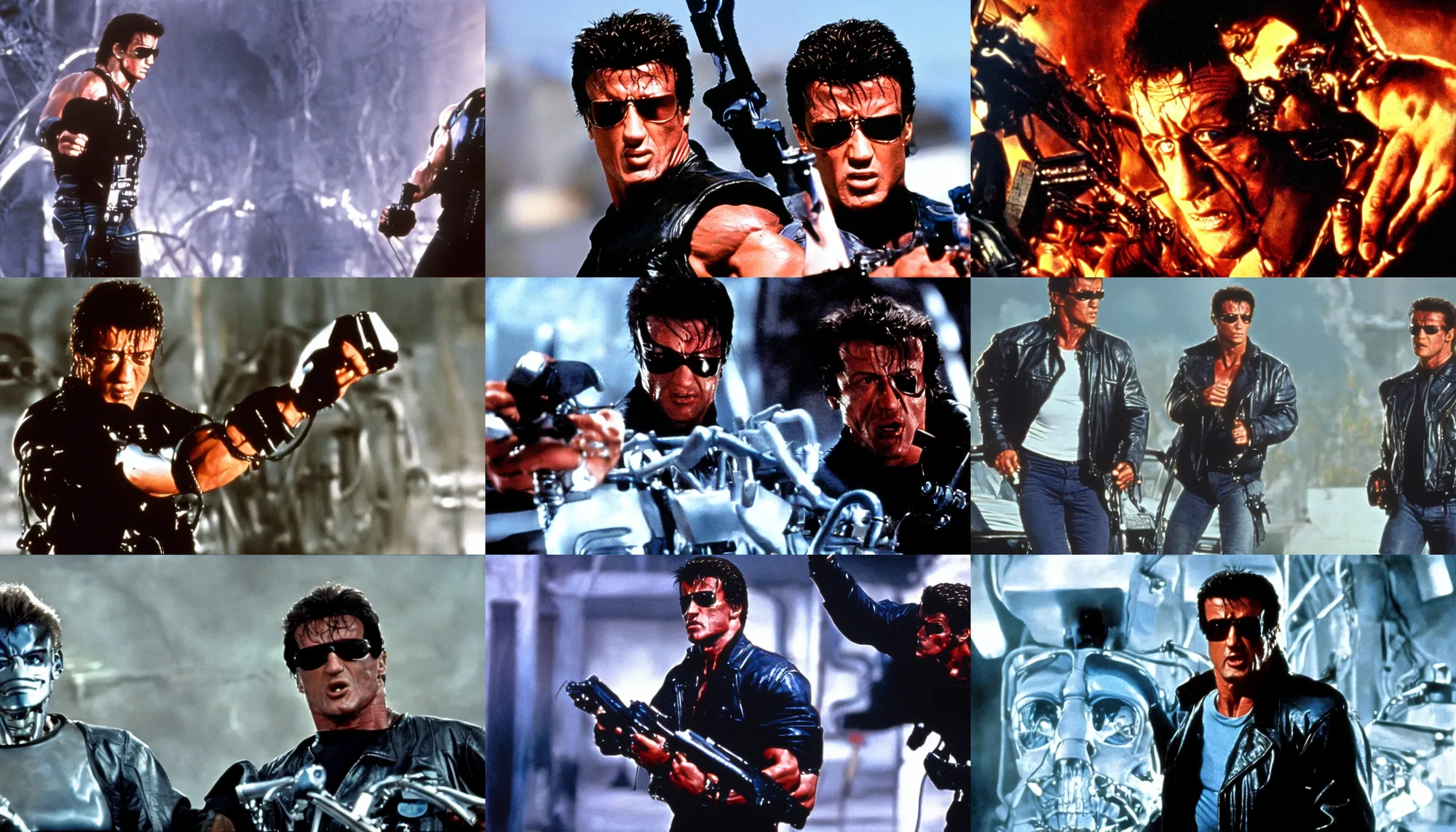 Prompt: film still of sylvester stallone as the terminator in terminator 2, imax, 4 k,
