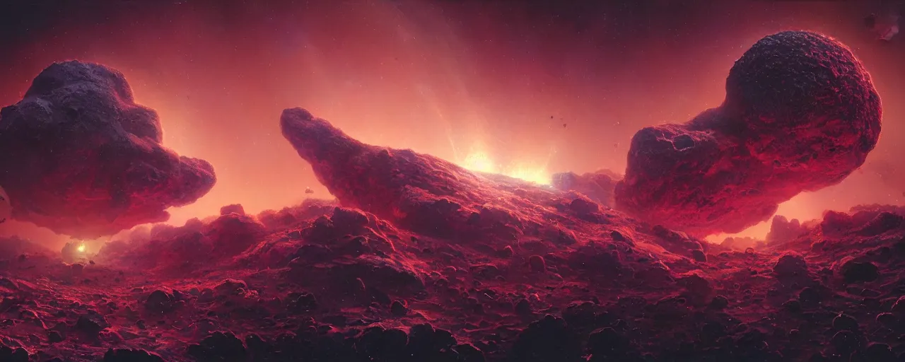 Prompt: ” asteroid made of shiny blood, [ shards, facets, by paul lehr, cinematic, detailed, epic, widescreen, opening, establishing, mattepainting, photorealistic, realistic textures, octane render ] ”