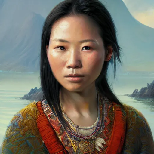 Image similar to portrait of a young pangcah people woman ( 3 5 ) from taiwan in 2 0 2 1, an oil painting by ross tran and thomas kincade