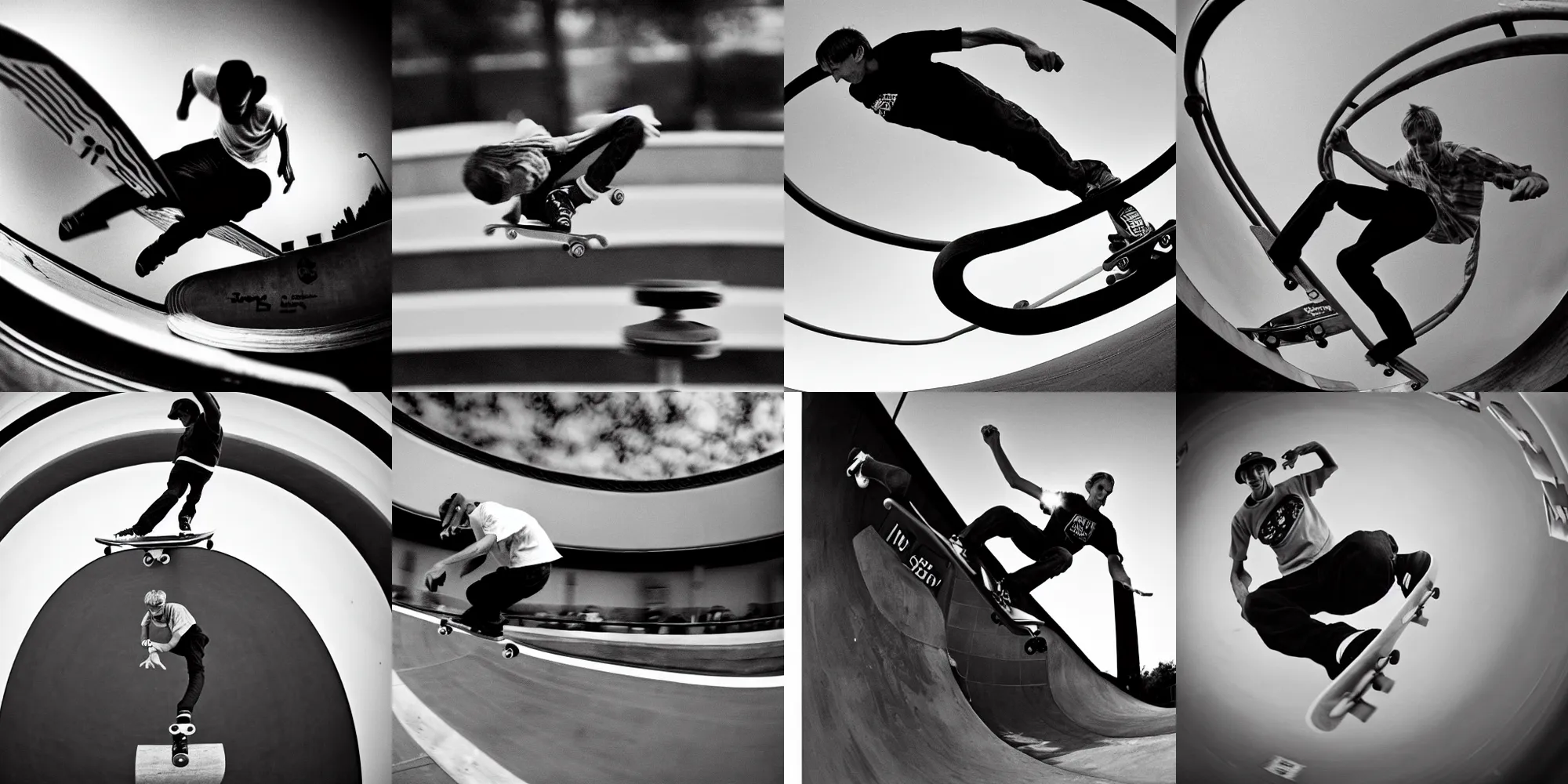 Image similar to award winning close up, black and white only, photo of, Tony Hawk, skateboarding, doing the loop, in the 1986 vert contest, by J. Grant Brittain, Atiba Jefferson, C. R. Stecyk III, fisheye lens, detailed faces, detailed skateboard, 8k, sharp image, balanced composition