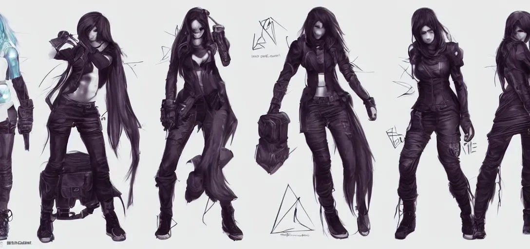 Prompt: character sheet concept art of female video game characters, streetwear, futurepunk, dark, moody, by marc brunet and artgerm