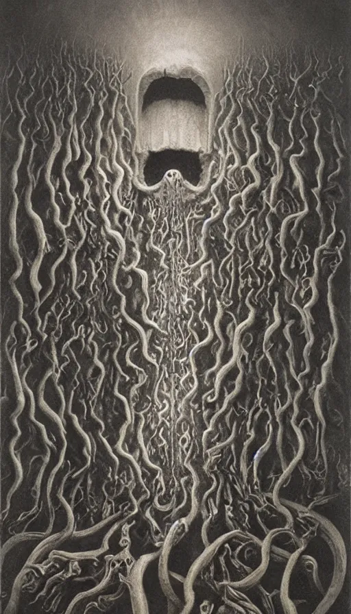 Image similar to a storm vortex made of many demonic eyes and teeth, by zdzisław beksinski