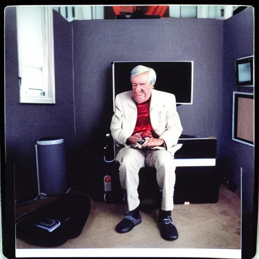 Prompt: Timothy Leary sitting Down with a VR headset on, 1994, Polaroid