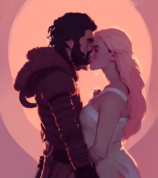 Image similar to portrait of jon kissing dany by atey ghailan, by greg rutkowski, by greg tocchini, by james gilleard, by joe fenton, by kaethe butcher, dynamic lighting, gradient light pink, brown, blonde cream and white color scheme, grunge aesthetic