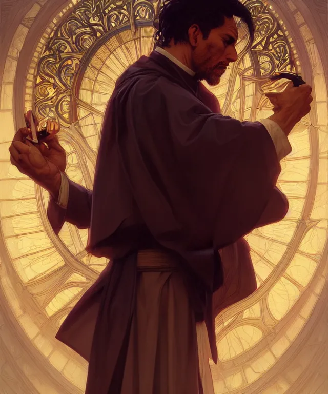 Image similar to a greedy preacher, an evil Catholic priest, portrait, intricate, elegant, highly detailed, digital painting, artstation, concept art, smooth, sharp focus, illustration, art by artgerm and greg rutkowski and alphonse mucha